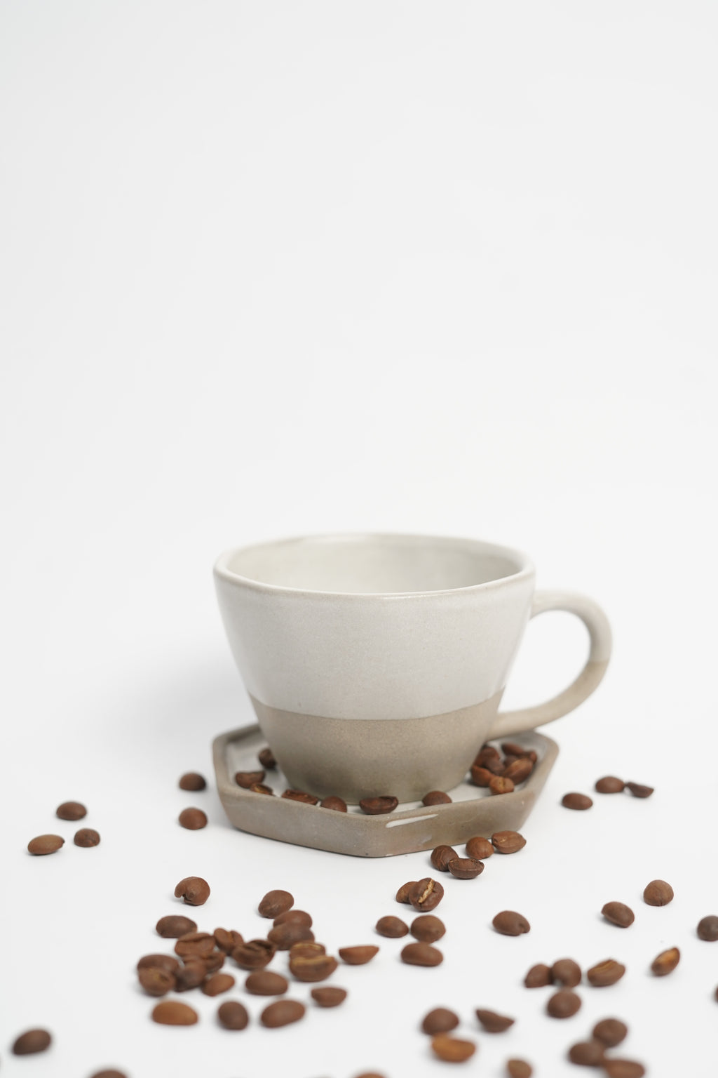 Minimalist Beige Ceramic Cup with Hexagon Saucer