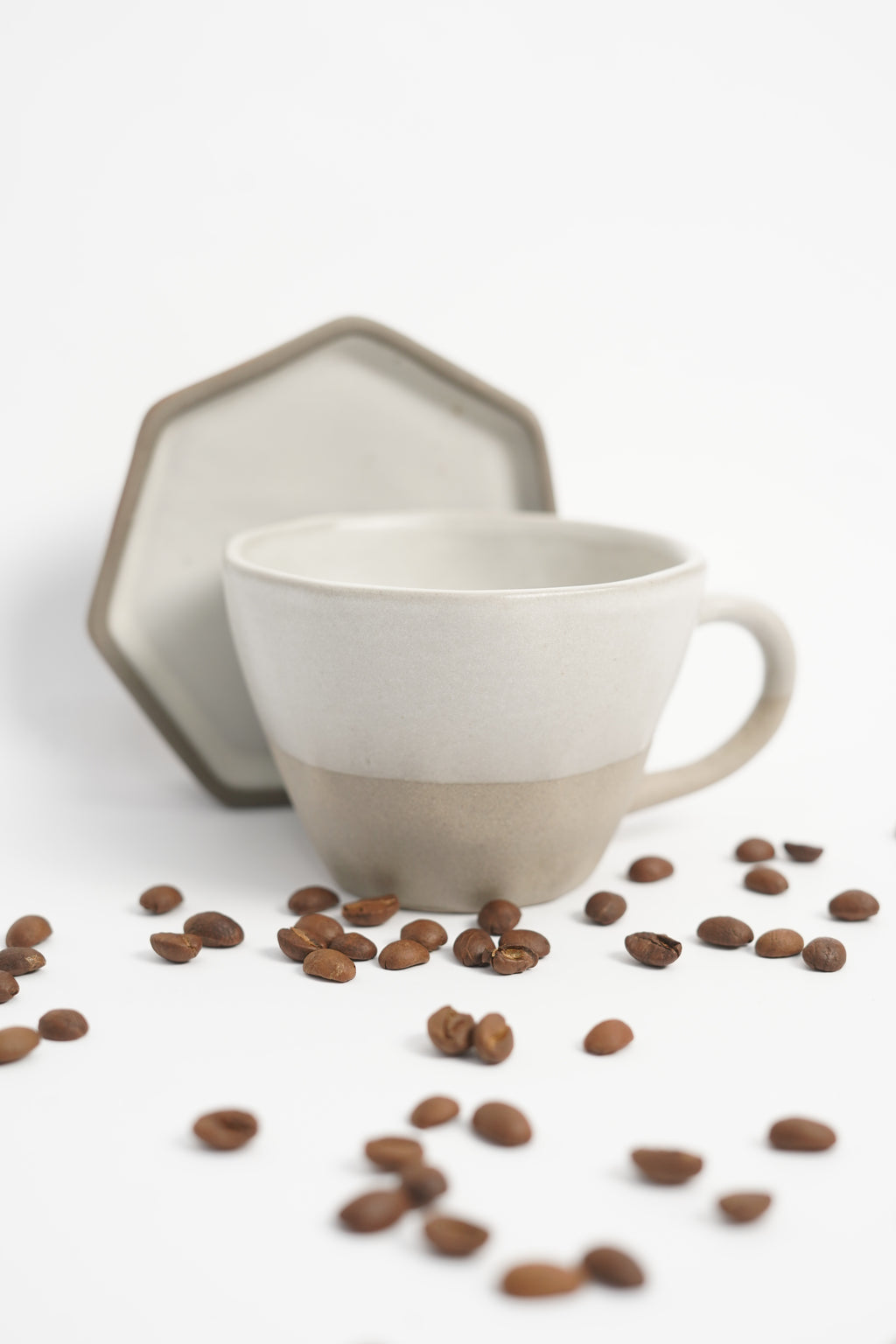 Minimalist Beige Ceramic Cup with Hexagon Saucer