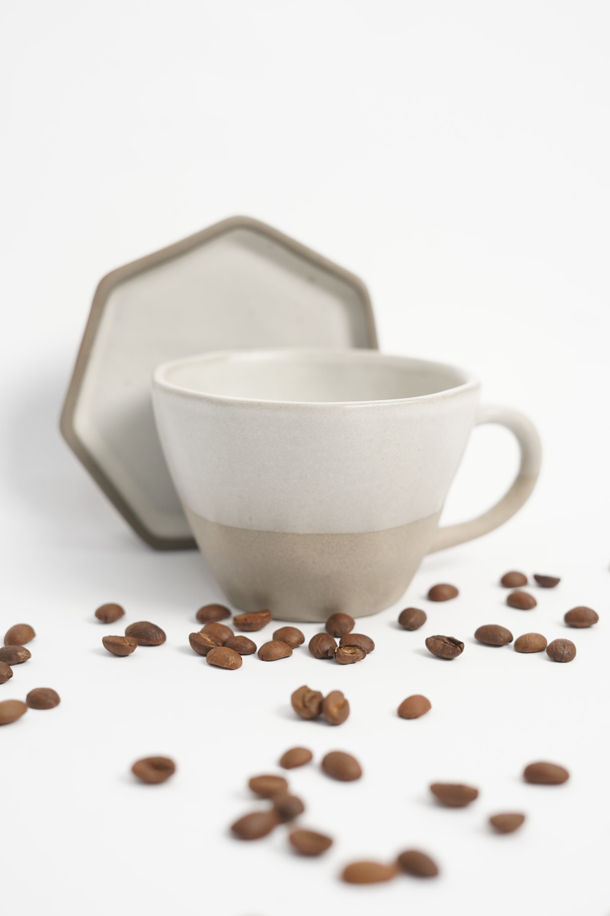 Minimalist Beige Ceramic Cup with Hexagon Saucer