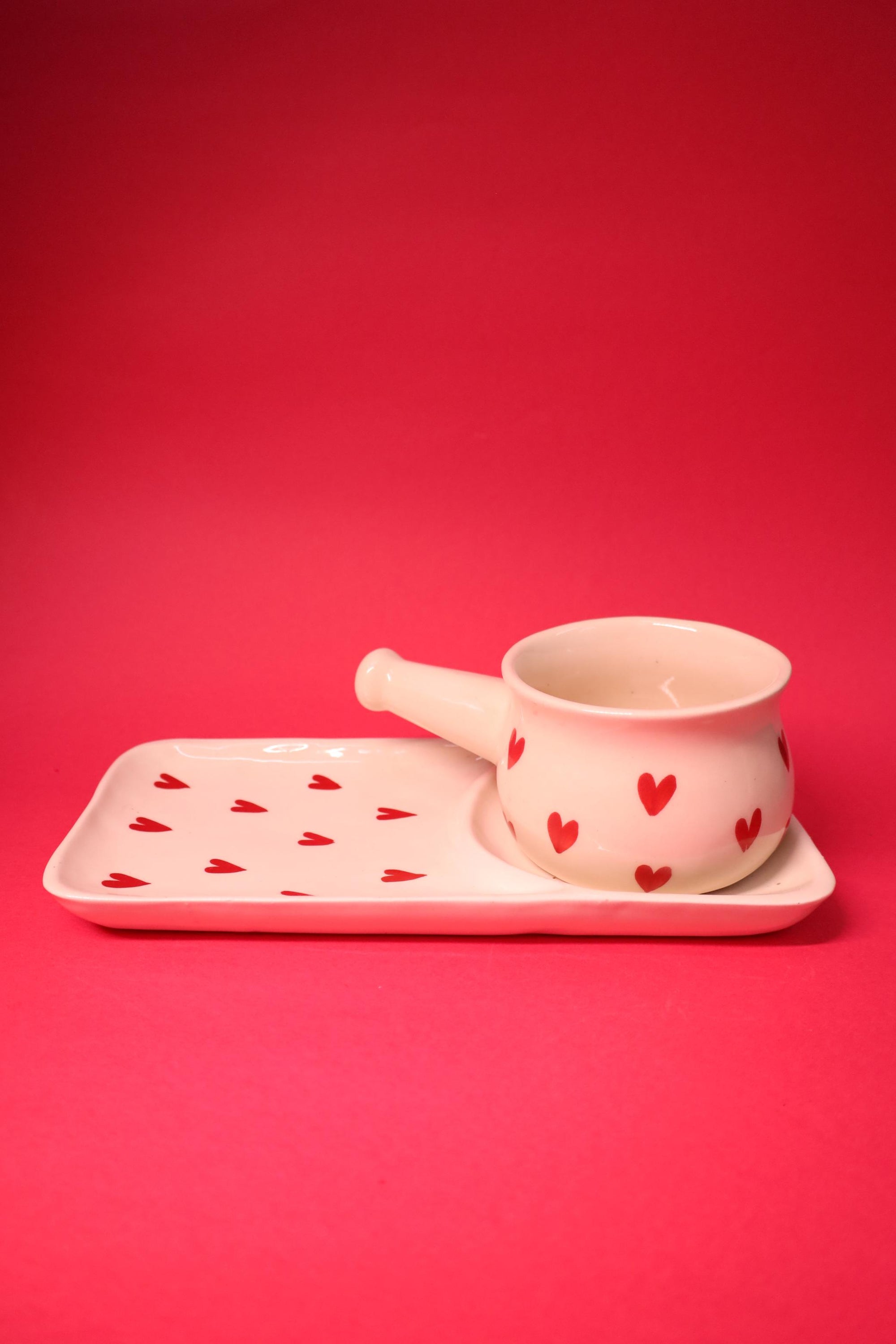 Red Heart Print Ceramic Cup and Tray Set