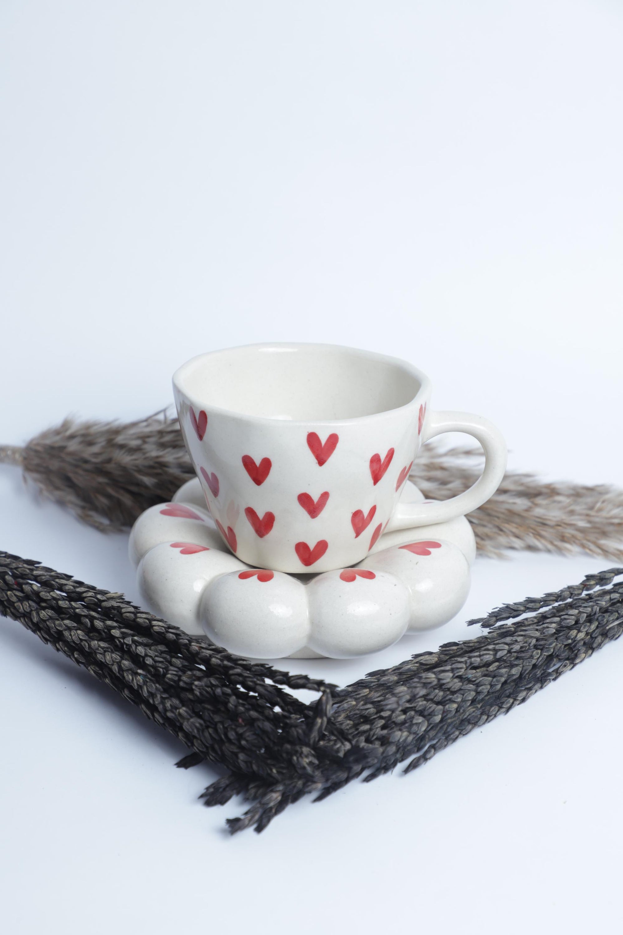 Red Heart Pattern Ceramic Cup with Floral Saucer